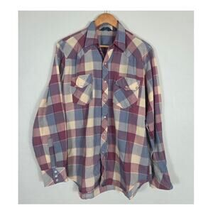 VIP Vintage Men's Pink & Blue Plaid Pearl Snap Western Long Sleeve Shirt Large